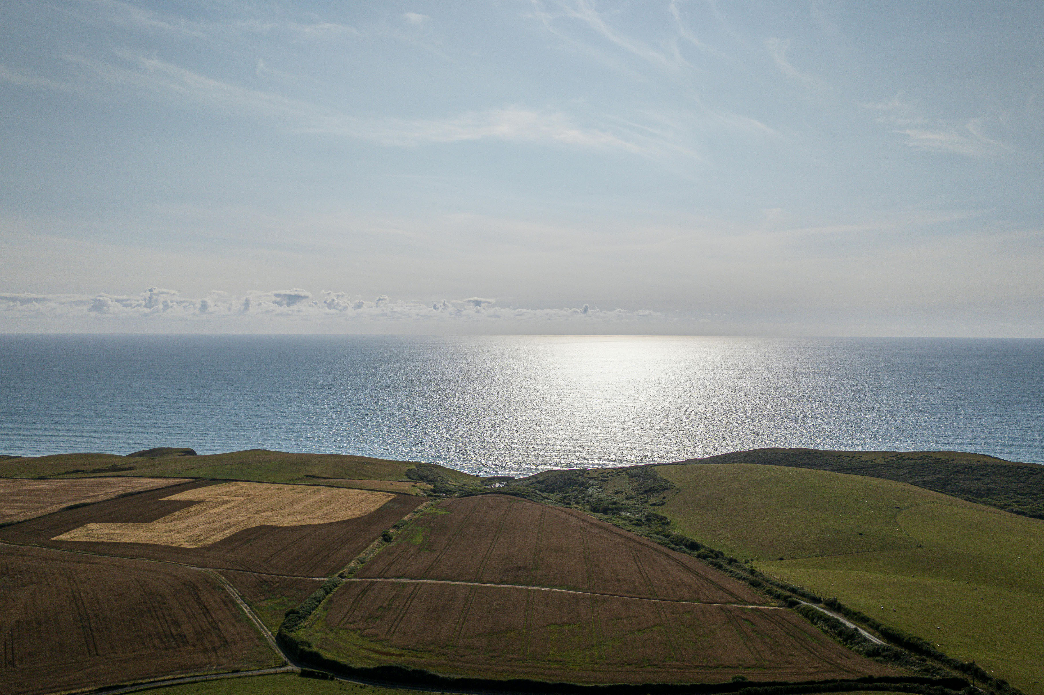 Aerial view of coastal farmland meeting the ocean, with patchwork fields and shimmering sea under a clear sky — representing land and ocean sustainability at COP30.