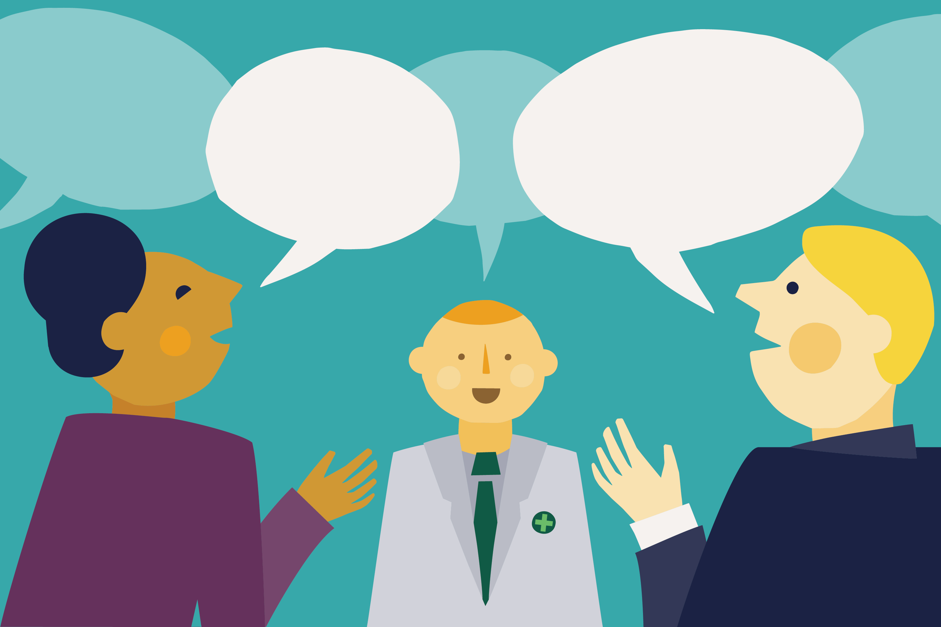 Illustration of three people in conversation with blank speech bubbles